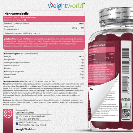 Magnija gumijas konfektes 125 mg - 90 magnija citrāta gumijas konfektes pieaugušajiem un bērniem - noguruma, nervu sistēmas un elektrolītu mazināšanai (EFSA) - vīnogu garša - alternatīva kapsulām un tabletēm - WeightWorld