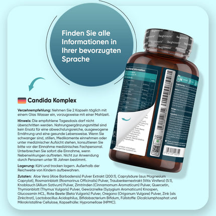Candida Complex - 180 vegāniskas kapsulas - Bifidobaktērijas - Ar kaprilskābi, alveju, cinku, vīnogu kauliņu ekstraktu - Lactobacillus acidophilus - Laboratorijā pārbaudītas sastāvdaļas - 3 mēnešu krājums - WeightWorld