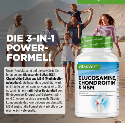 Glikozamīna hondroitīns MSM - 365 tabletes - augsta deva ar 2000 mg dienā - 3 mēnešu krājumi - bez nevēlamām piedevām
