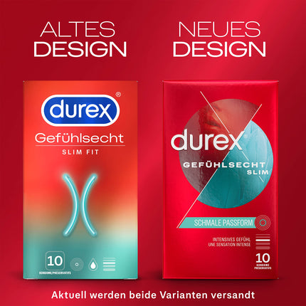 Durex Real Feel Slim prezervatīvi – plāni prezervatīvi ar šauru piegriezumu un lubrikēti ar silikona gēlu – 2 iepakojumā (20 gabali)