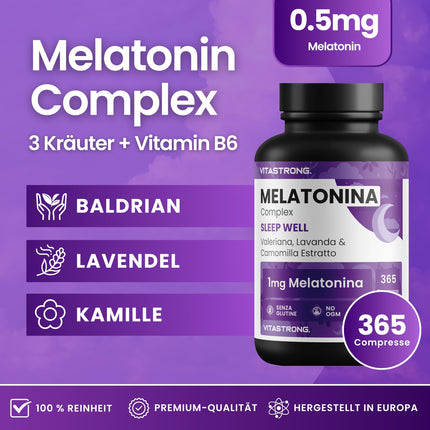 Melatonīna Vitastrong komplekss, 365 mikrotabletes, augsta deva ar kumelītēm, baldriānu, lavandu un B6 vitamīnu, melatonīna tabletes miega kvalitātei un laika joslu maiņas mazināšanai, bez cukura, glutēna un ĢMO