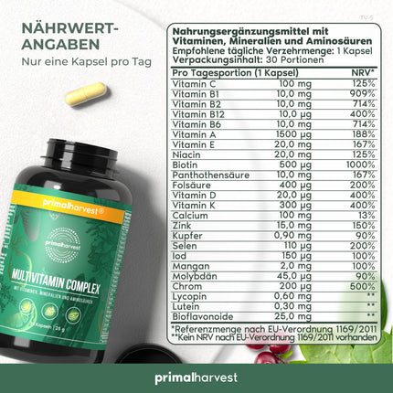 Primal Harvest® multivitamīnu tabletes (30 porcijas) - augsta deva - kapsulas ar svarīgākajiem vitamīniem - A, C, D, K vitamīni un minerālvielas, piemēram, biotīns, cinks, folskābe - vitamīnu tabletes