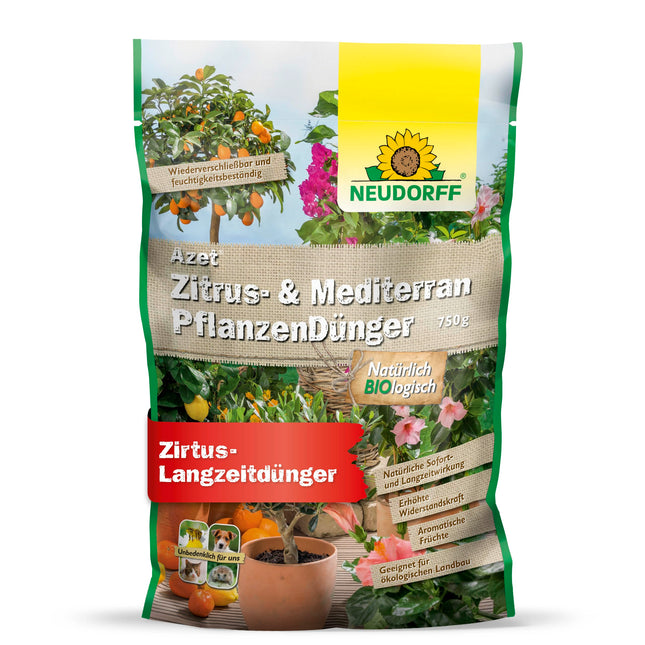 Neudorff Azet citrusaugļu un Vidusjūras augu mēslojums – organisks lēnas iedarbības mēslojums ar mikorizu veicina aromātisku augļu, piemēram, citronu, apelsīnu un olīvu, attīstību, 750 g, brūns