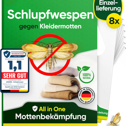 anwerk® Parazītiskās lapsenes pret drēbju kodēm - 8 kartītes ar 1 piegādi katrā - Efektīvi apkaro drēbju kodes - Alternatīva kožu slazdiem, kožu aerosoliem un feromonu slazdiem