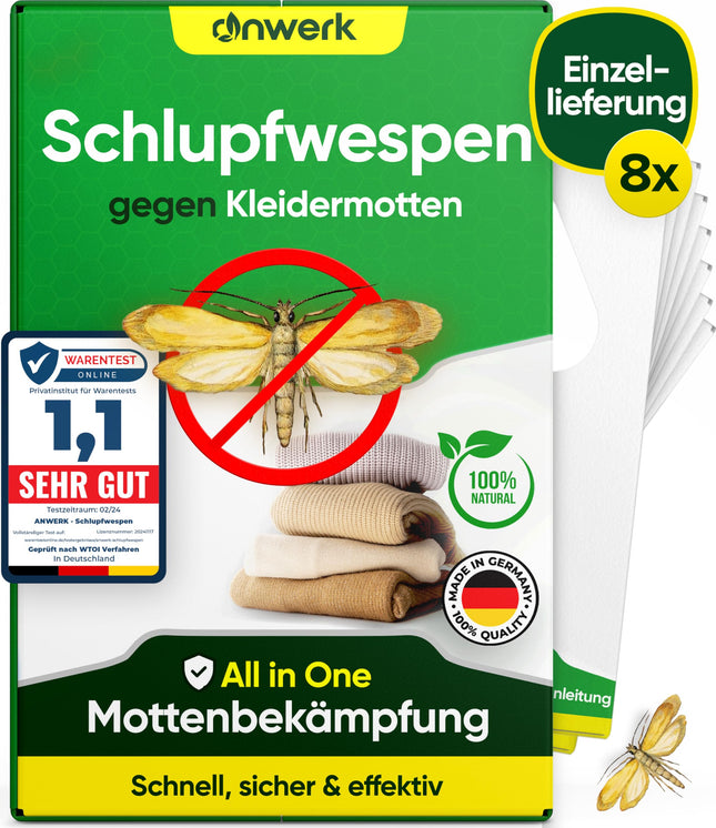 anwerk® Parazītiskās lapsenes pret drēbju kodēm - 8 kartītes ar 1 piegādi katrā - Efektīvi apkaro drēbju kodes - Alternatīva kožu slazdiem, kožu aerosoliem un feromonu slazdiem