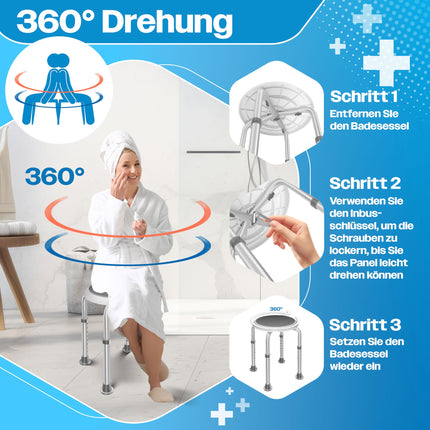 KESSER® Duschhocker höhenverstellbar 8 Stufen | Leichter Badhocker rutschfeste Gummifüße Duschstuhl 136KG belastbar | Duschhilfe Senioren | Saugnapf Haltegriff Badewannengriff | Duschsitz 360° drehbar