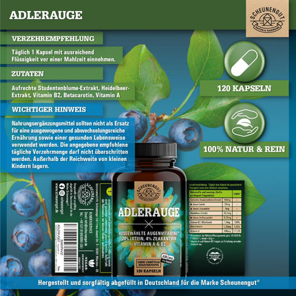 ADLERAUGE® acu vitamīni augstai devai — SVARĪGI: Laboratorijā pārbaudīts zīmola komplekss ar luteīnu, zeaksantīnu, melleņu ekstraktu, beta-karotīnu, A+B vitamīniem un citiem līdzekļiem | 120 gab. -DE- SCHEUNENGUT®