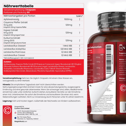 Ābolu sidra etiķa kapsulas - 1860 mg ābolu sidra etiķa komplekss no mātes sulas un Lactobacillus Gasseri, kurkumas, ingvera un kajēnas pipariem - 180 kapsulas 2 mēnešiem - ābolu sidra etiķis - WeightWorld