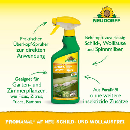 Neudorff Promanal AF New Scale and Mealybug Free – apkaro zvīņas un miltu blaktis, kā arī zirnekļu ērces uz cietlapu dekoratīvajiem augiem, piemēram, oleandriem un olīvām, 500 ml, krāsains