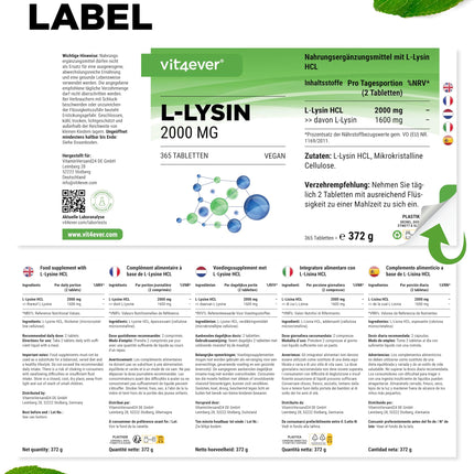 L-lizīns - 365 tabletes - augsta deva ar 2000 mg L-lizīna hidrohlorīda dienā - no augu fermentācijas - bez piedevām - vegāns