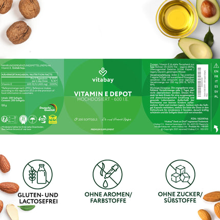 Vitabay E vitamīns 600 SV Depot augsta deva - 200 E vitamīna kapsulas vegāns un laboratorijā pārbaudīts ar tokoferolu un tokotrienolu - E vitamīns veicina šūnu aizsardzību pret oksidatīvo stresu