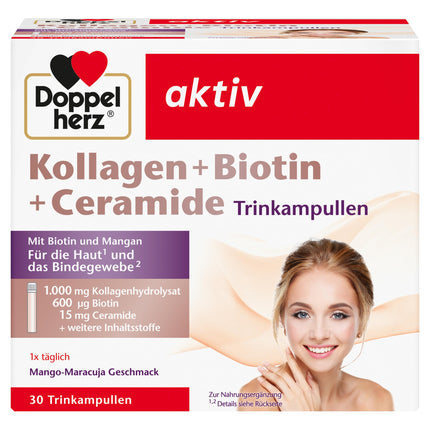 Doppelherz kolagēns + biotīns + keramīdi - biotīns, B2 vitamīns, niacīns un cinks veicina normālas ādas uzturēšanu - 30 dzeršanas ampulas ar mango un pasifloras augļu garšu