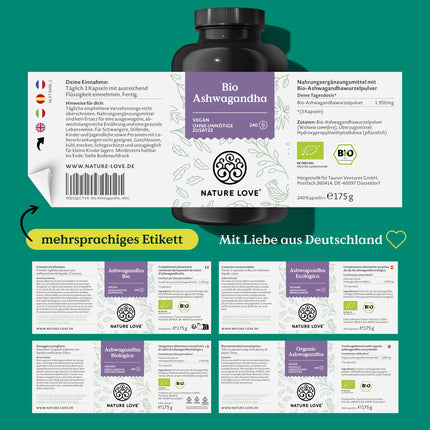 NATURE LOVE® Bioloģiskā ašvaganda - 240 kapsulas - Augsti koncentrēta ar 1950 mg dienas devā - Augstas kvalitātes Indijas ašvaganda - Laboratorijā pārbaudīta, vegāna, ražota Vācijā