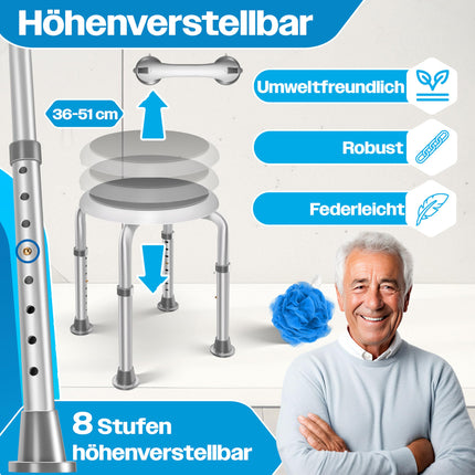 KESSER® Duschhocker höhenverstellbar 8 Stufen | Leichter Badhocker rutschfeste Gummifüße Duschstuhl 136KG belastbar | Duschhilfe Senioren | Saugnapf Haltegriff Badewannengriff | Duschsitz 360° drehbar