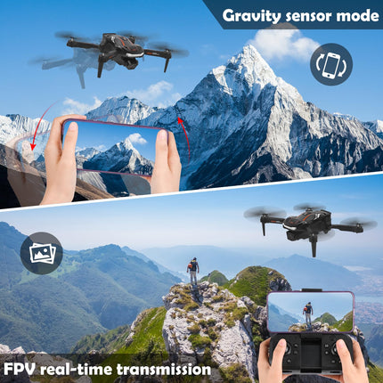 Drons ar 1080P HD kameru bērniem, tālvadības drons ar 2 baterijām, salokāms kvadrokopters ar FPV WiFi pārraidi, gravitācijas sensors, 3D apgriešanas režīms, pacelšanās/nosēšanās ar vienu pogu, augstuma noturēšanas režīms (melns)