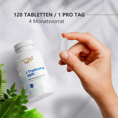 L-triptofāns - Augsta L-triptofāna deva 1000 mg uz tableti (120 vegānas tabletes) - Aminoskābe no augu fermentācijas - bez nevēlamām piedevām, bez glutēna un bez laktozes - vitaworld