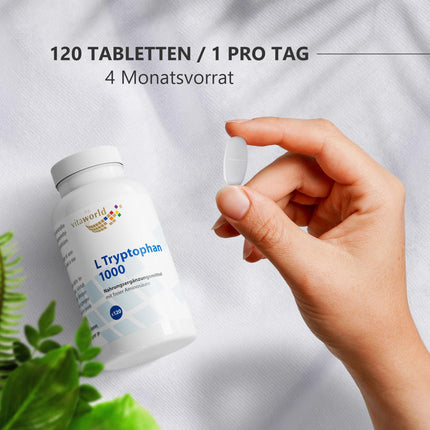 L-triptofāns - Augsta L-triptofāna deva 1000 mg uz tableti (120 vegānas tabletes) - Aminoskābe no augu fermentācijas - bez nevēlamām piedevām, bez glutēna un bez laktozes - vitaworld