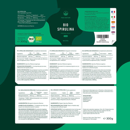 Organiskās spirulīnas tabletes – 600 tabletes (500 mg) – 4000 mg augsta deva – Organiskas aļģes no sertificētas bioloģiskās lauksaimniecības – Vegāns – TRUE NATURE®