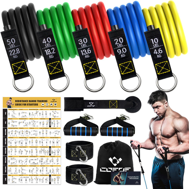 COFOF pretestības joslu komplekts, 5 fitnesa lentes, paplašinātāja caurules lentes, fitnesa lente ar lielu rokturi, potītes siksnu, durvju enkura stiprinājumu, pārnēsāšanas soma, ideāli piemērota Pilates spēka treniņiem, fizioterapijai