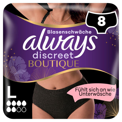Always Discreet Boutique biksītes urīna nesaturēšanai L izmērs (8 biksītes), urīnpūšļa vājuma gadījumā, absorbē smakas un mitrumu, novērš noplūdi, melnas