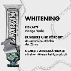 Marvis Whitening Mint zobu pasta, 85 ml, Balinoša zobu pasta veicina dabisku zobu balināšanu, zobu pasta noņem aplikumu un nodrošina ilgstošu svaigumu.