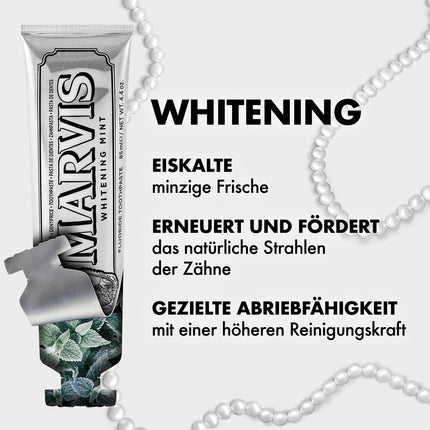 Marvis Whitening Mint zobu pasta, 85 ml, Balinoša zobu pasta veicina dabisku zobu balināšanu, zobu pasta noņem aplikumu un nodrošina ilgstošu svaigumu.