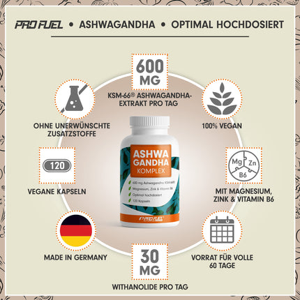 Ašvagandhas kapsulas 120x - 600 mg Ašvagandhas KSM-66® dienā - Ašvagandhas komplekss ar magniju, cinku un B6 vitamīnu - bez nevēlamām piedevām - laboratoriski pārbaudīts