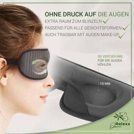 OMNIRELEXX miega maska ​​– elpojoša 3D miega acu maska ​​– ērta un mīksta acu maska ​​sievietēm un vīriešiem – 100% gaismas bloķēšana – ceļojumu maciņš – acu aizsargs – atmiņas putas (melnas)