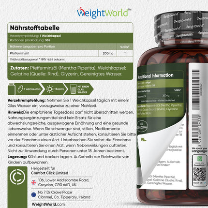Piparmētru eļļas mīkstās kapsulas - 200 mg piparmētru eļļas vienā mīkstajā kapsulā - 365 tīras piparmētru eļļas mīkstās kapsulas - 1 gada krājumi - uztura bagātinātājs - piparmētra labsajūtai - WeightWorld