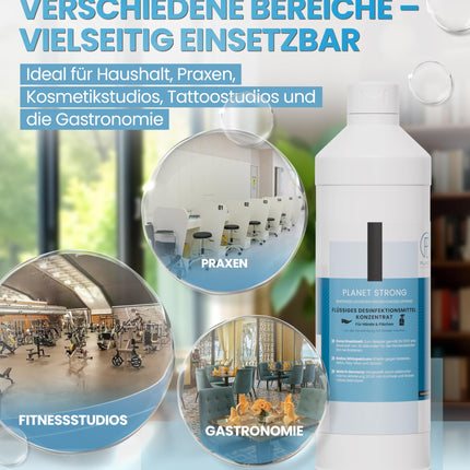Planet Strong® - 1 l bezalkoholisks dezinfekcijas koncentrāts rokām, virsmām un ādai - Pret baktērijām, vīrusiem, sporām, sēnītēm, raugu, pelējumu un nepatīkamām smakām | Pudele (Halal un Kosher)