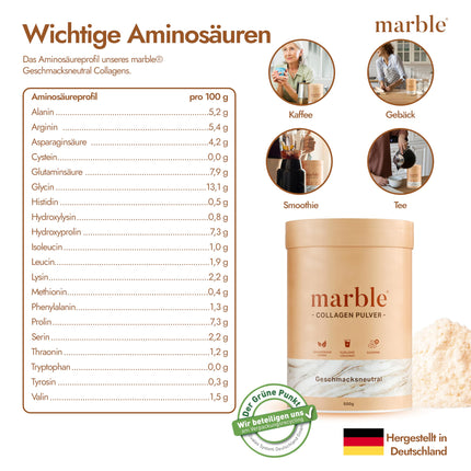 marble® kolagēna pulveris 500 g - kolagēna peptīdi ādas mirdzumam - 60 dienu bezriska izmēģinājums - augstas devas aminoskābju komplekss - kolagēna pulveris kartona traukā bez plastmasas karotes - bezgaršīgs