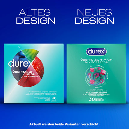 Durex Surprise Me prezervatīvu maisījums – maisījums ar 4 dažādiem prezervatīvu veidiem izmēģināšanai – 30 iepakojums (1 x 30 gabali)