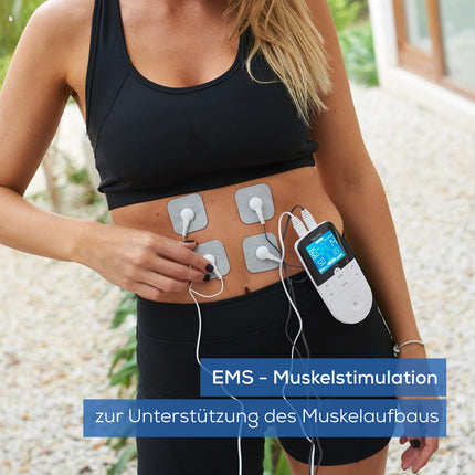 Beurer EM 49 digitālā TENS/EMS ierīce, 3 vienā elektriskās stimulācijas ierīce sāpju mazināšanai, izmantojot elektrisko nervu stimulāciju, treniņam ar elektrisko muskuļu stimulāciju, masāžas funkcija, ieskaitot 4 elektrodus