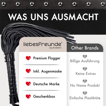 Liebesfreunde® Seksa Pātaga – BDSM Rotaļlieta ar Pātagu, cieta un mīksta, uzliekama, ieskaitot aizsietni acīm