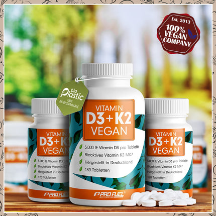 VEGĀNS D3 K2 vitamīns - 180 tabletes ar 5000 SV D3 + 200 mcg K2 (MK7) - Augstas devas un vegāns D3 vitamīns + K2 vitamīns bioaktīvā MK7 formā - laboratoriski pārbaudīts ar sertifikātu - Uzglabāšanas iepakojums: 180 tabletes