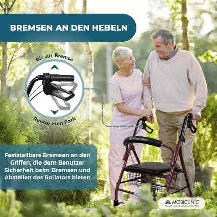Mobiclinic®, Rollators, Escorial, Eiropas zīmols, Salokāms un viegls, Noslēdzama rokas bremze, Iešanas palīglīdzeklis, Alumīnijs, Noņemams grozs, Ar sēdekli un atzveltni, Bordo