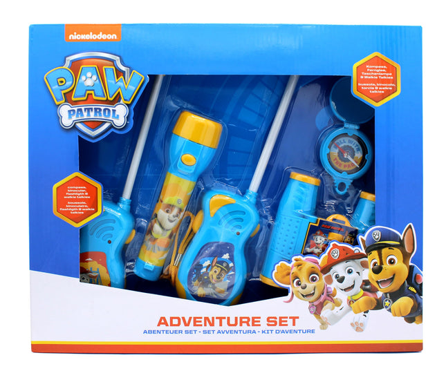 PAW Patrol piedzīvojumu komplekts ar 5 rācijām (6x AA baterijas nav iekļautas), binokli, kompasu un lukturīti (2x AAA baterijas nav iekļautas) dāvanu kastītē, 38,6x5,5x28,7 cm, krāsains