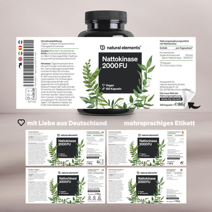 Nattokināze – 180 lielas devas kapsulas, katra pa 100 mg (20 000 FU/g) – bez ĢMO – vegāns, bez nevajadzīgām piedevām – ražots Vācijā un laboratorijā pārbaudīts