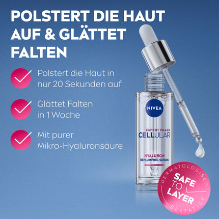 NIVEA Cellular Expert Filler Replumping hialuronskābes serums, viegls un ātri iesūcas serums ar tīru hialuronskābi, sejas kopšana grumbu mazināšanai vienas nedēļas laikā (15 ml)