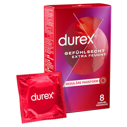 Durex Real Feel Extra Moist prezervatīvi – plāni prezervatīvi ar anatomisku, viegli uzvelkamu formu, kas samitrināti ar lielu daudzumu silikona lubrikanta – 8 gab. iepakojumā (1 x 8 gab.)
