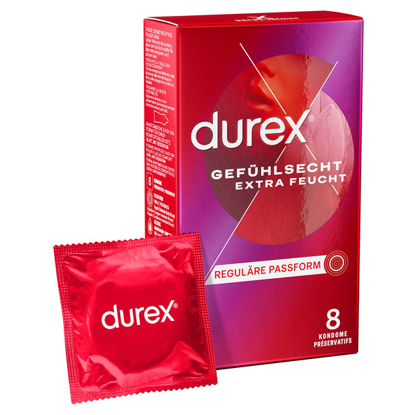 Durex Real Feel Extra Moist prezervatīvi – plāni prezervatīvi ar anatomisku, viegli uzvelkamu formu, kas samitrināti ar lielu daudzumu silikona lubrikanta – 8 gab. iepakojumā (1 x 8 gab.)