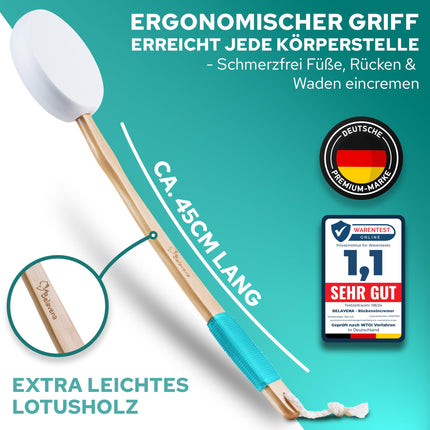 BELAVENA© muguras krēmveida līdzeklis | Uzlabota koncepcija 2025. gadam — optimāla muguras kopšana ar muguras krēmeri/muguras birsti, ieskaitot 4 nomaināmus spilventiņus — muguras krēmeris/muguras krēma līdzeklis