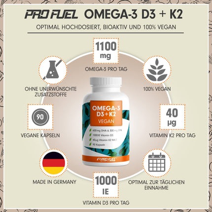 Omega-3 vegāns + D3 un K2 (90x), 1100 mg aļģu eļļas ar 600 mg DHA un 300 mg EPA + 1000 SV D3 vitamīna + 40 µg K2 vitamīna - O3 D3 K2 vegāns Essentials - Omega-3 kapsulas, augstas devas, bioloģiski pieejamas un laboratorijā pārbaudītas