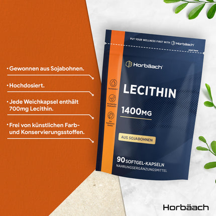 Lecitīna kapsulas 1400 mg | Augsta deva | 90 sojas lecitīna mīkstās kapsulas | Vitamīni zīdīšanas laikā ar E vitamīnu | Sojas lecitīns | Horbaach