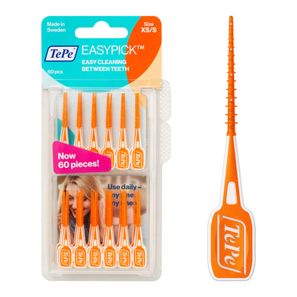 TePe EasyPick zobu kociņi, oranži, ISO XS-S, 60 gab., efektīva starpzobu tīrīšana, izturīgs zobu kociņš mazām spraugām