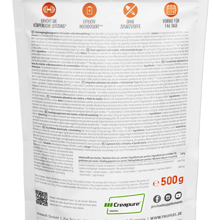 Creapure® kreatīna monohidrāta pulveris 500 g – augstākās kvalitātes kreatīns no Vācijas – īpaši augsta deva fitnesa un spēka treniņiem – augstas kvalitātes kreatīns 100% ražots Vācijā – laboratoriski pārbaudīts un 100% vegāns