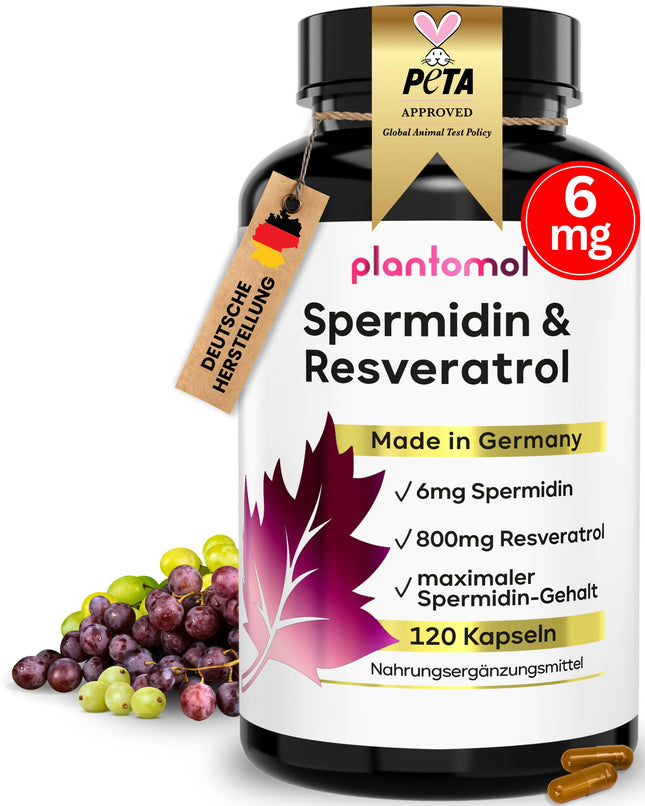 120 spermidīna kapsulas augstā devā - spermidīns 6 mg un 800 mg transresveratrola augstā devā - unikāla kombinācija - 2 mēnešu krājums