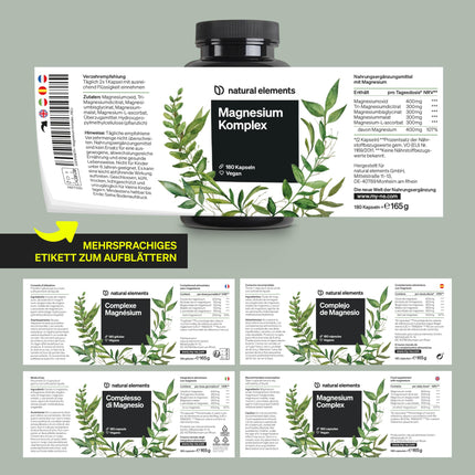 Magnija komplekss — Premium: Izgatavots no 5 augstas kvalitātes savienojumiem — 400 mg elementārā magnija vienā dienas devā — Laboratorijā pārbaudīts, vegāns, augstas devas