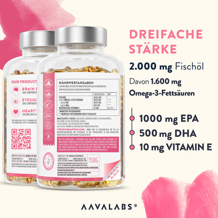 Omega 3 kapsulas, augsta deva 2000 mg Omega 3 eļļa 1000 mg EPA + 500 mg DHA vienā dienas devā (2 Premium Omega 3 zivju eļļas kapsulas) - Omega-3 taukskābju kapsulas - 120 kapsulas Zivju eļļa Omega 3 augsta deva 60 dienas