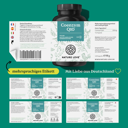 NATURE LOVE® koenzīms Q10 augstā devā - 200 mg kapsulā - 120 vegānas kapsulas 4 mēnešu piegādē - No augu fermentācijas - Augsta deva un ražots Vācijā